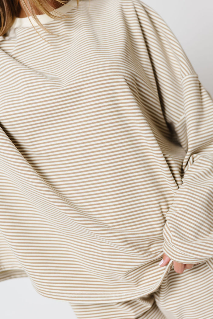 Naomi Striped Oversized Fleece Long Sleeve Top in Beige - Bump Friendly