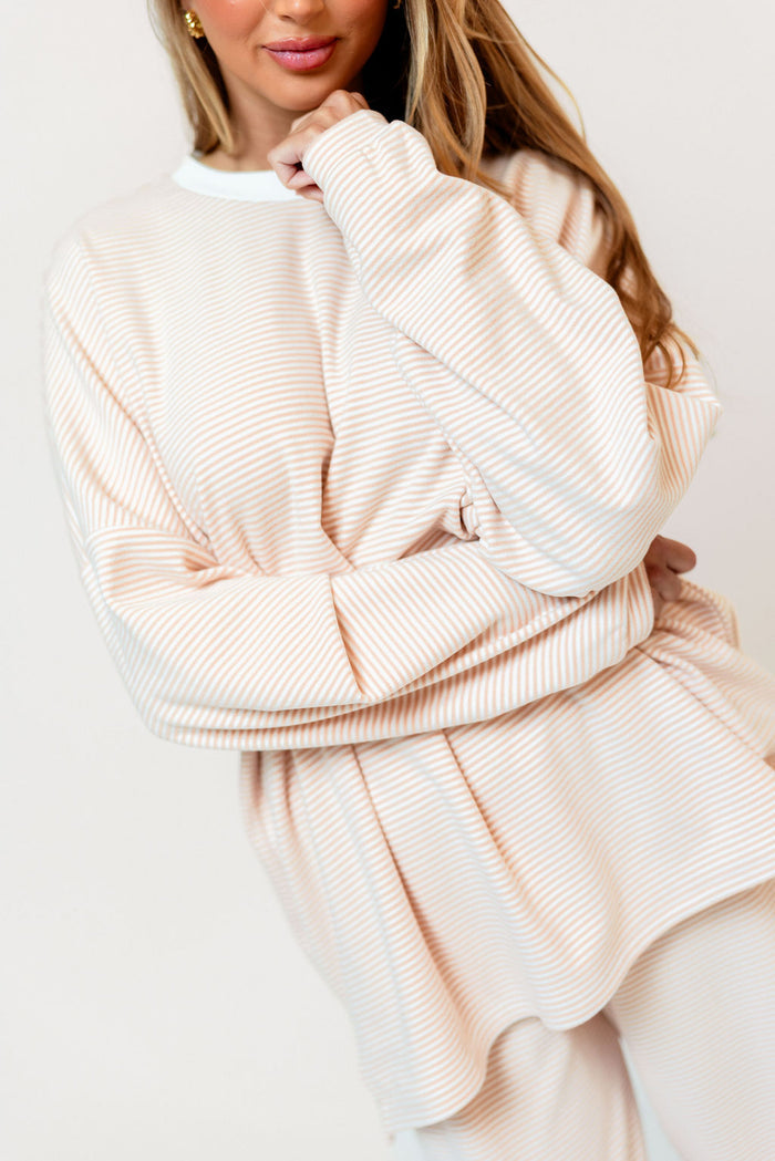 Naomi Striped Oversized Fleece Long Sleeve Top in Blush - Bump Friendly