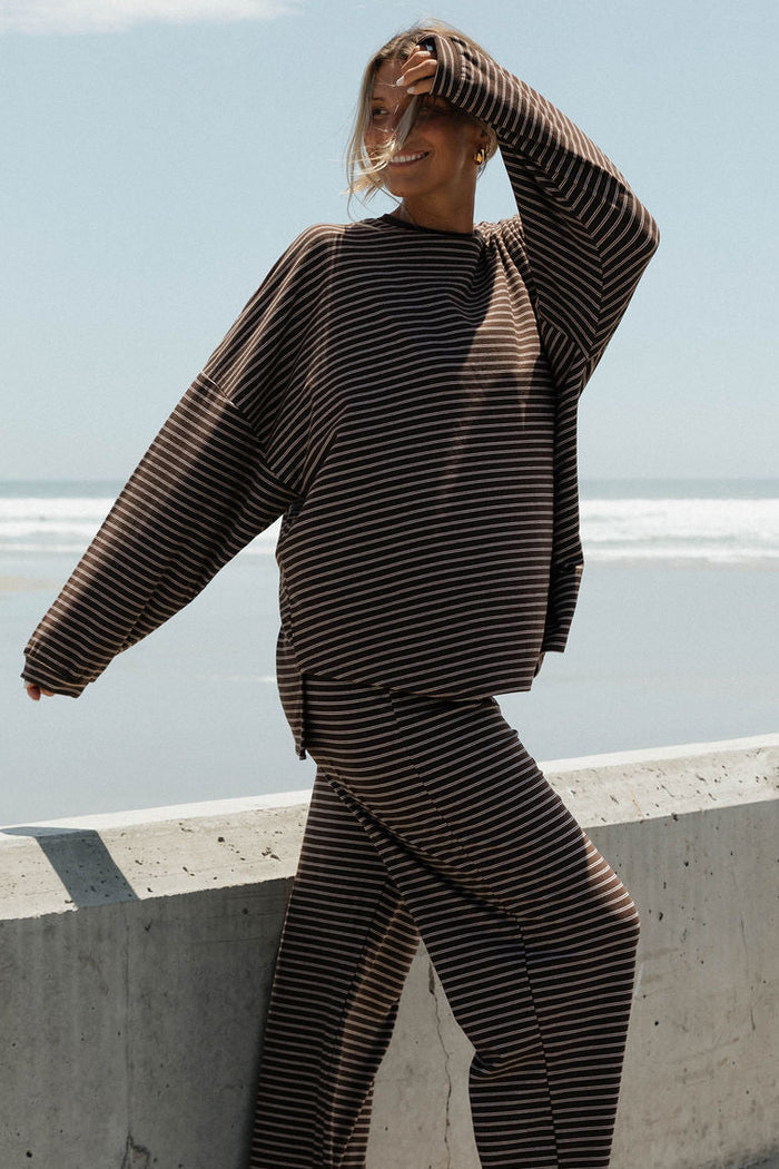 Naomi Striped Oversized Fleece Long Sleeve Top in Brown/Ivory