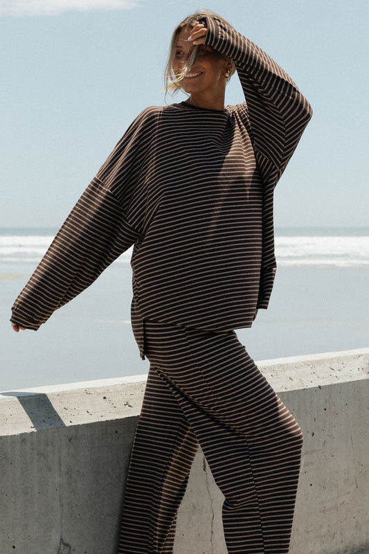Naomi Striped Oversized Fleece Long Sleeve Top in Brown/Ivory