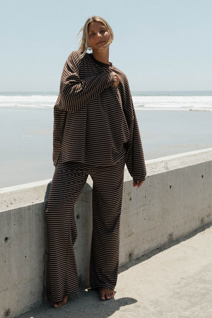 Naomi Striped Oversized Fleece Long Sleeve Top in Brown/Ivory