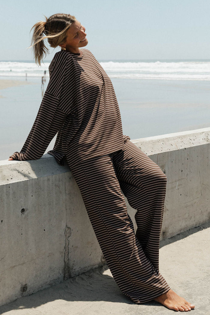 Naomi Striped Oversized Fleece Long Sleeve Top in Brown/Ivory