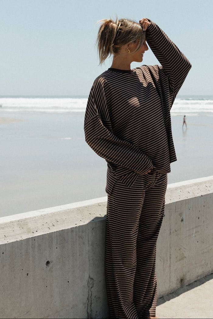 Naomi Striped Oversized Fleece Long Sleeve Top in Brown/Ivory