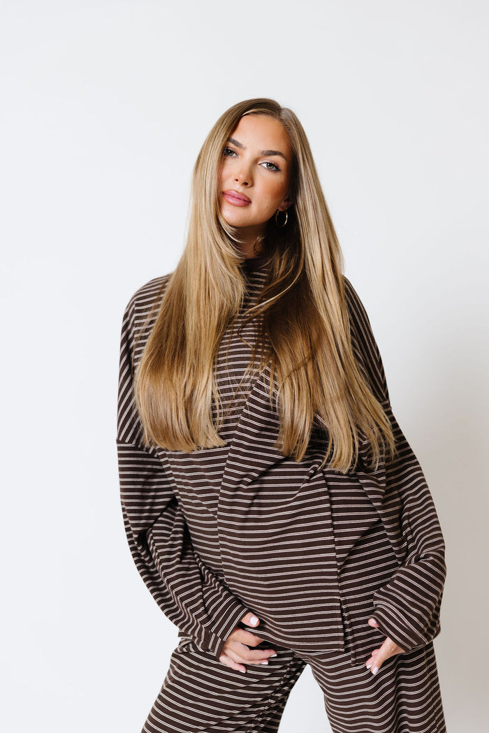 Naomi Striped Oversized Fleece Long Sleeve Top in Brown/Ivory