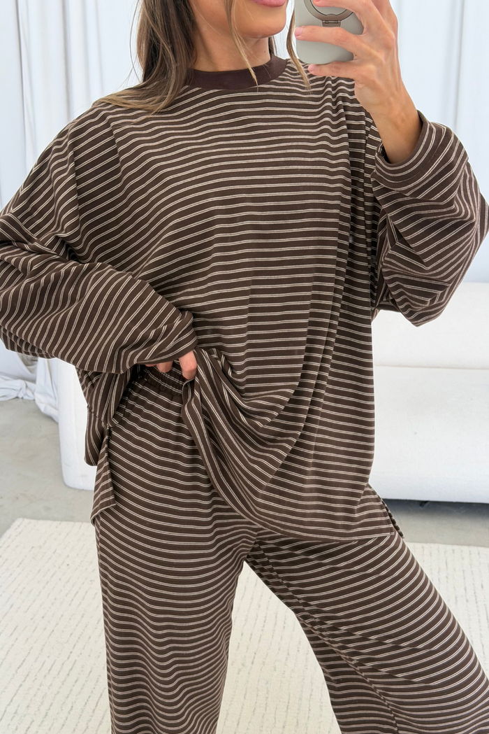 Naomi Striped Oversized Fleece Long Sleeve Top in Brown/Ivory