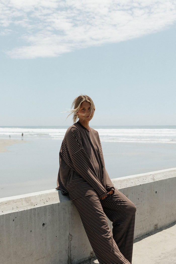 Naomi Striped Oversized Fleece Long Sleeve Top in Brown/Ivory