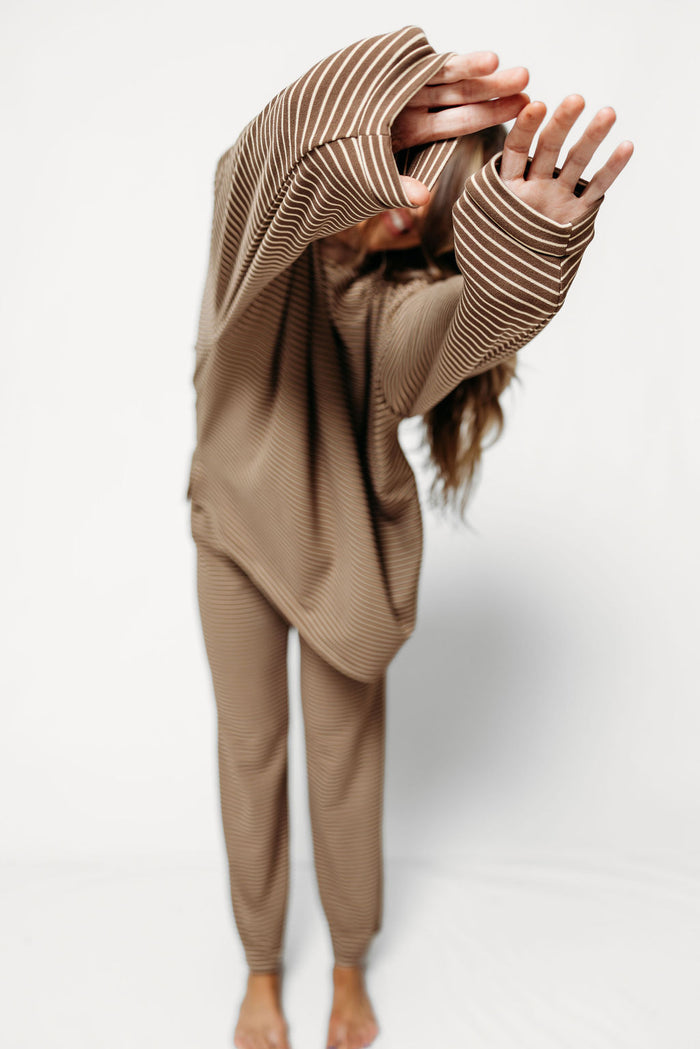 Naomi Striped Oversized Fleece Long Sleeve Top in Dark Mocha - Bump Friendly