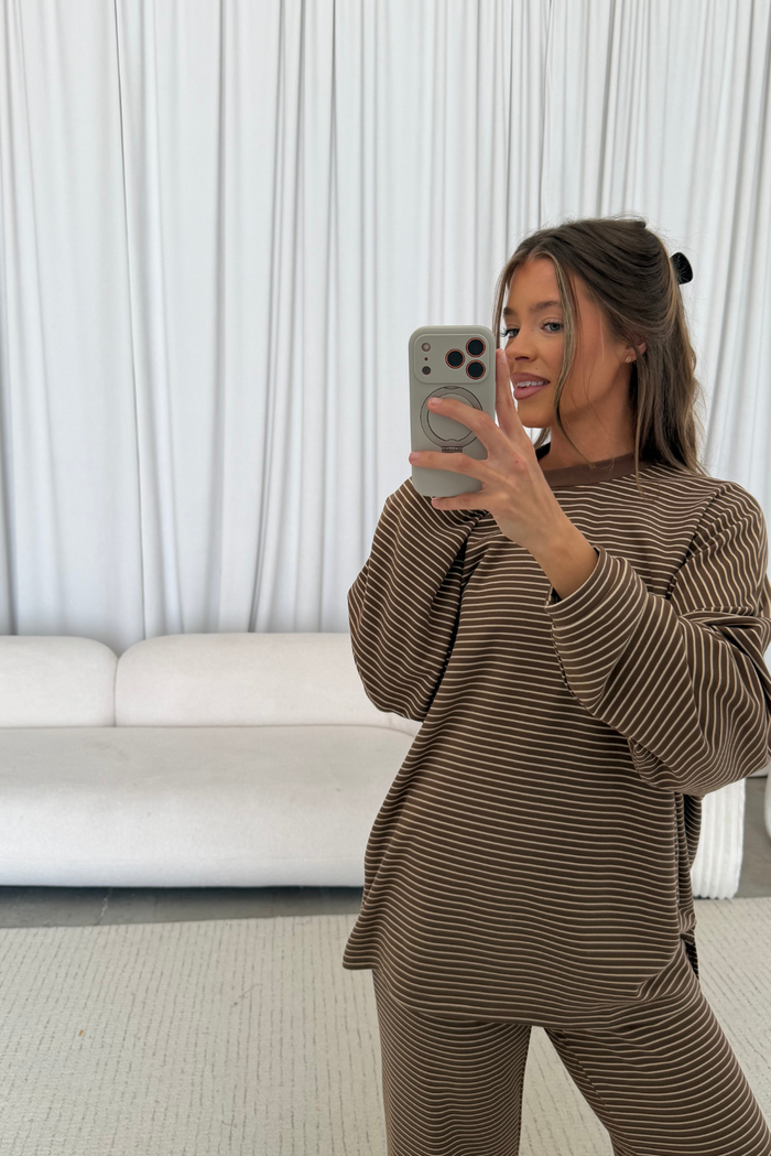 Naomi Striped Oversized Fleece Long Sleeve Top in Dark Mocha - Bump Friendly