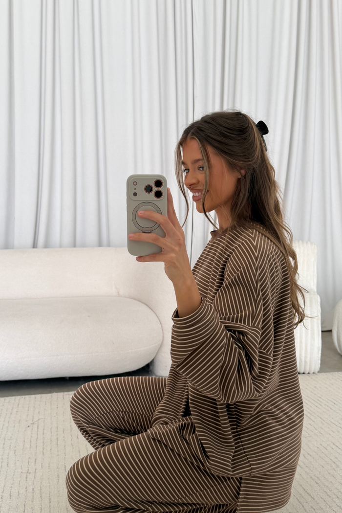 Naomi Striped Oversized Fleece Long Sleeve Top in Dark Mocha - Bump Friendly