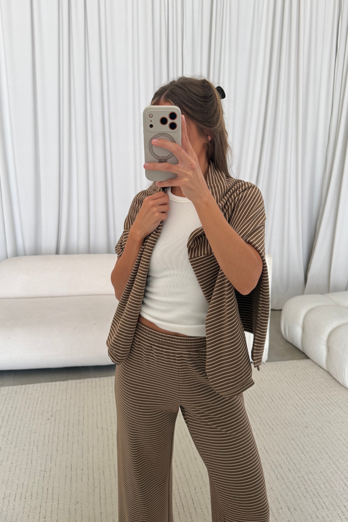 Naomi Striped Oversized Fleece Long Sleeve Top in Dark Mocha - Bump Friendly