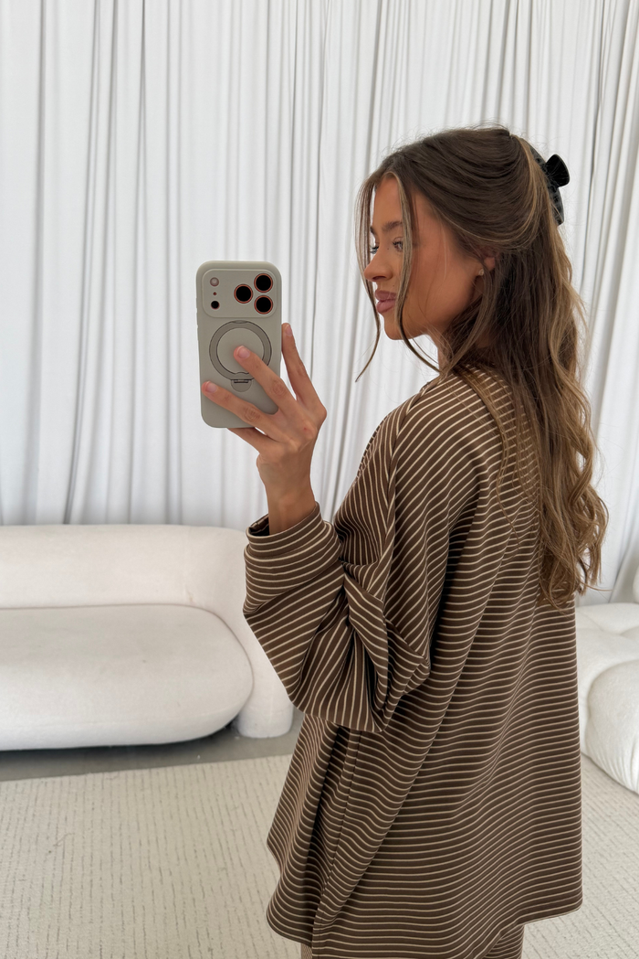 Naomi Striped Oversized Fleece Long Sleeve Top in Dark Mocha - Bump Friendly