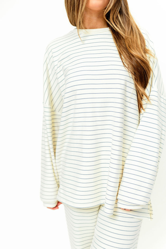 Naomi Striped Oversized Fleece Long Sleeve Top in Ivory - Bump Friendly