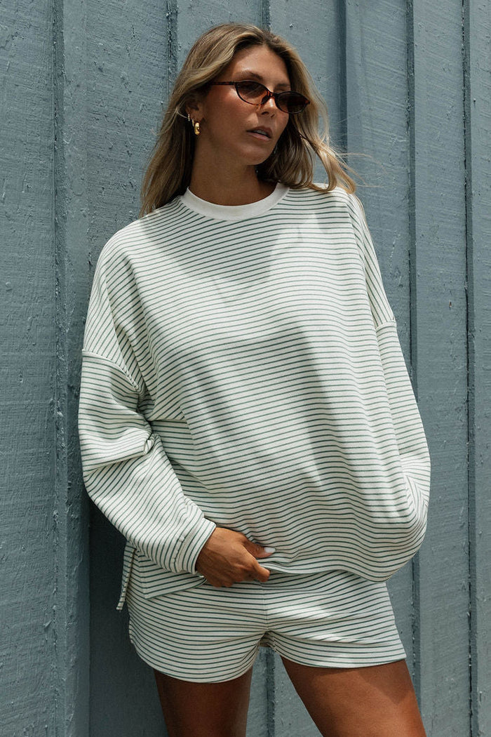 Naomi Striped Oversized Fleece Long Sleeve Top in Ivory/Sage