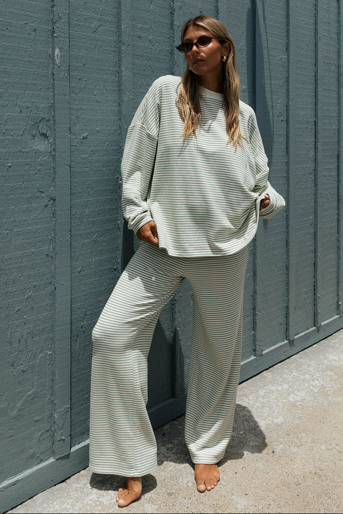 Naomi Striped Oversized Fleece Long Sleeve Top in Ivory/Sage