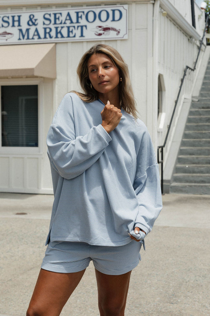 Naomi Striped Oversized Fleece Long Sleeve Top in Micro Nantucket Blue