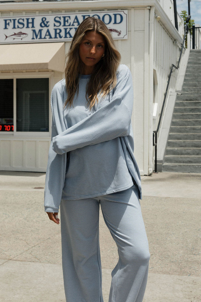 Naomi Striped Oversized Fleece Long Sleeve Top in Micro Nantucket Blue