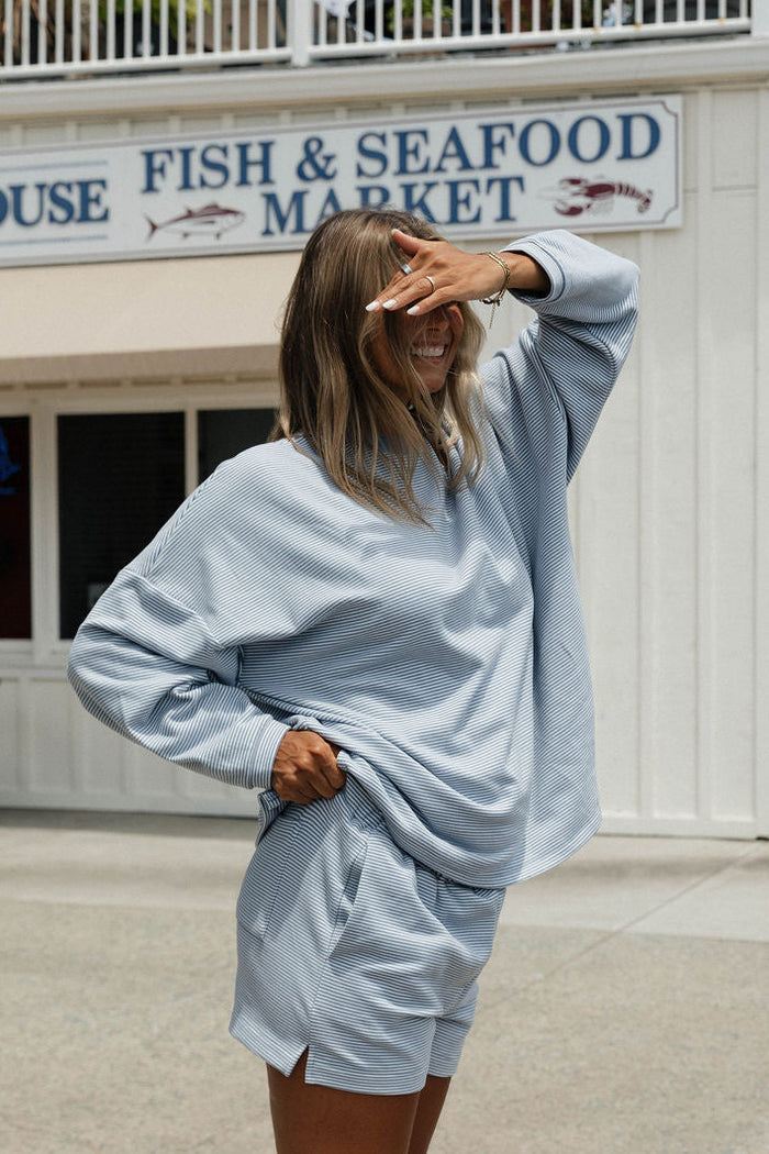 Naomi Striped Oversized Fleece Long Sleeve Top in Micro Nantucket Blue