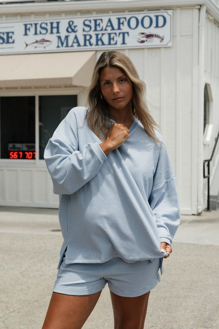 Naomi Striped Oversized Fleece Long Sleeve Top in Micro Nantucket Blue
