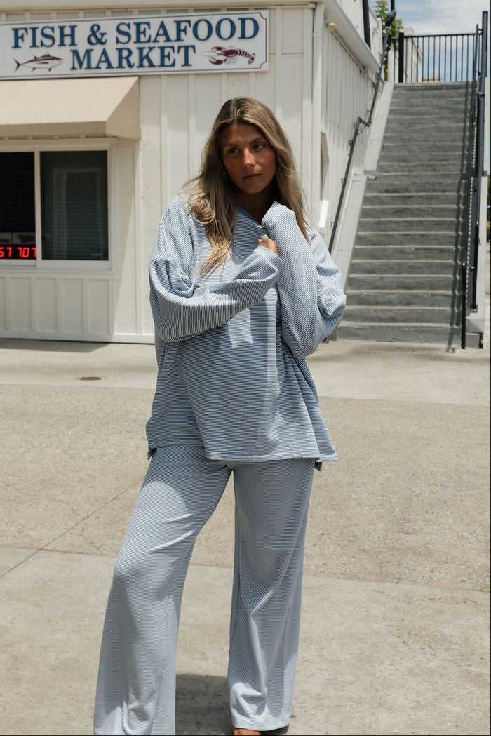 Naomi Striped Oversized Fleece Long Sleeve Top in Micro Nantucket Blue