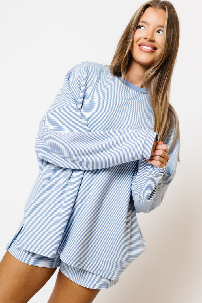 Naomi Striped Oversized Fleece Long Sleeve Top in Micro Nantucket Blue