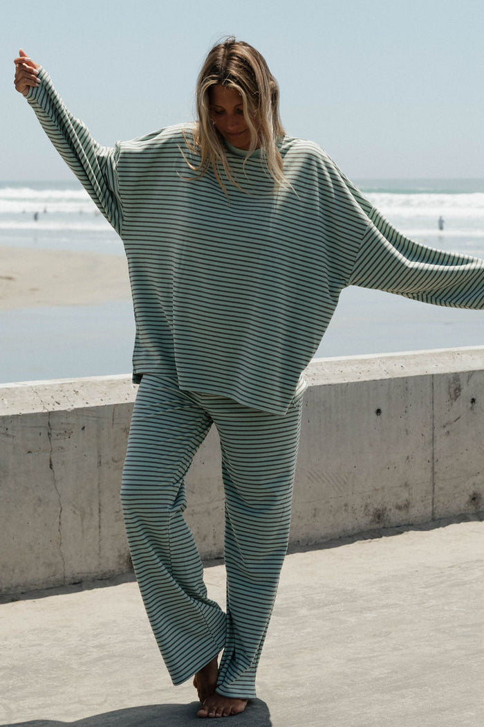Naomi Striped Oversized Fleece Long Sleeve Top in Mint/Brown