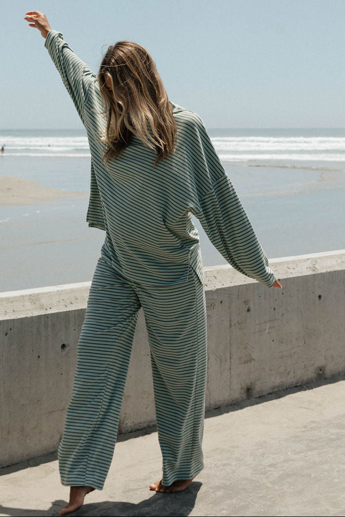 Naomi Striped Oversized Fleece Long Sleeve Top in Mint/Brown