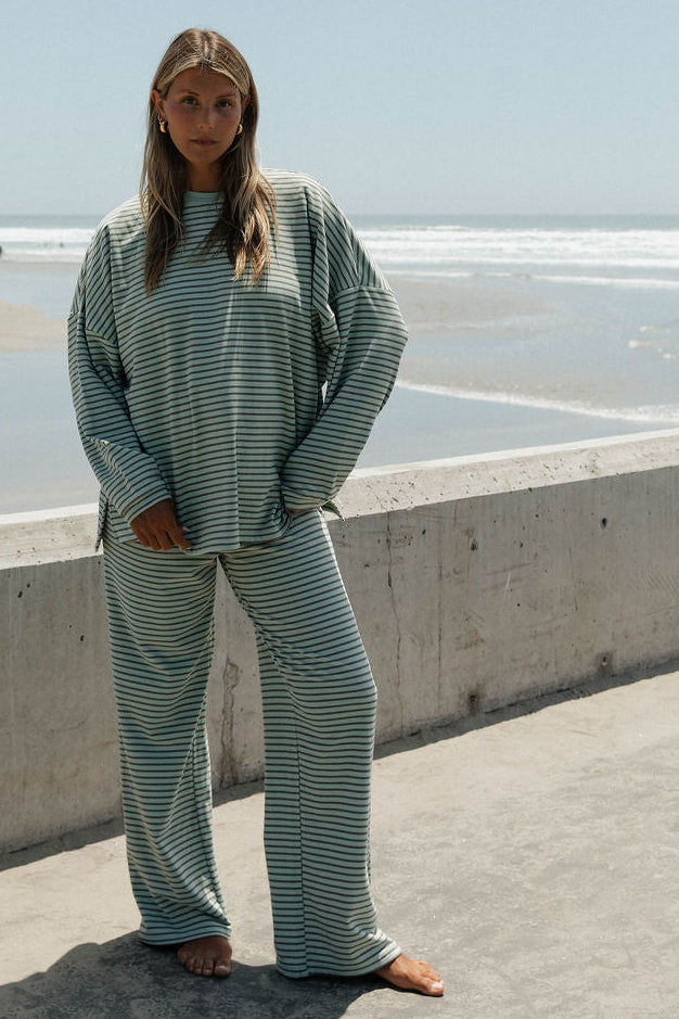 Naomi Striped Oversized Fleece Long Sleeve Top in Mint/Brown
