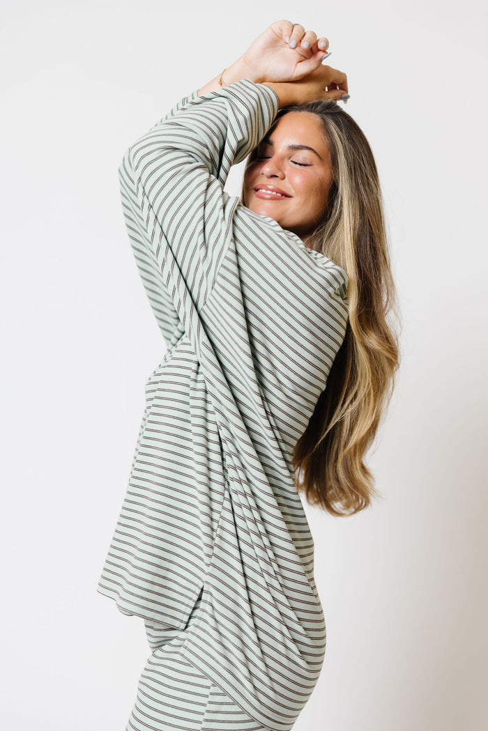 Naomi Striped Oversized Fleece Long Sleeve Top in Mint/Brown