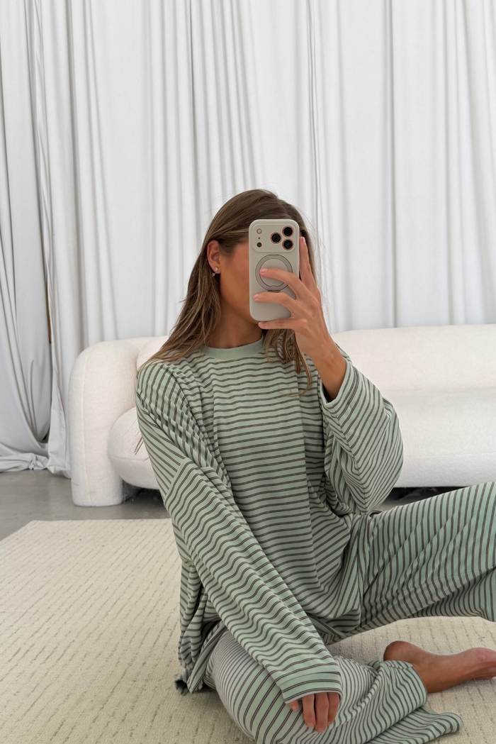 Naomi Striped Oversized Fleece Long Sleeve Top in Mint/Brown