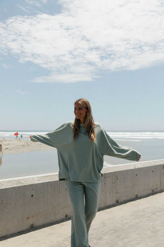 Naomi Striped Oversized Fleece Long Sleeve Top in Mint/Brown