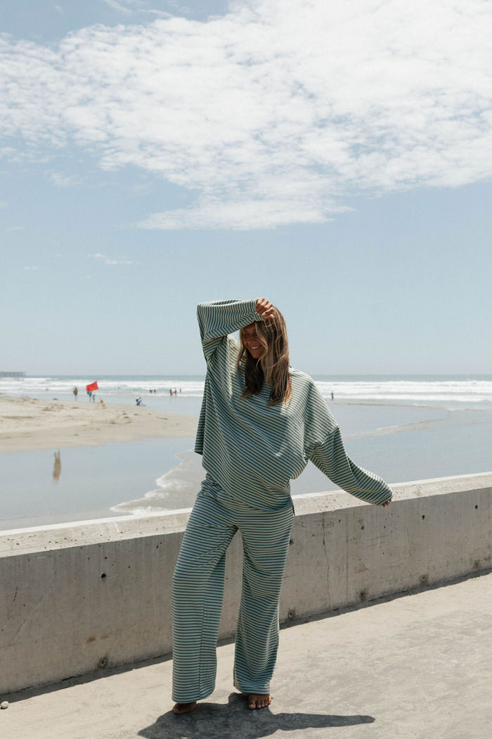 Naomi Striped Oversized Fleece Long Sleeve Top in Mint/Brown