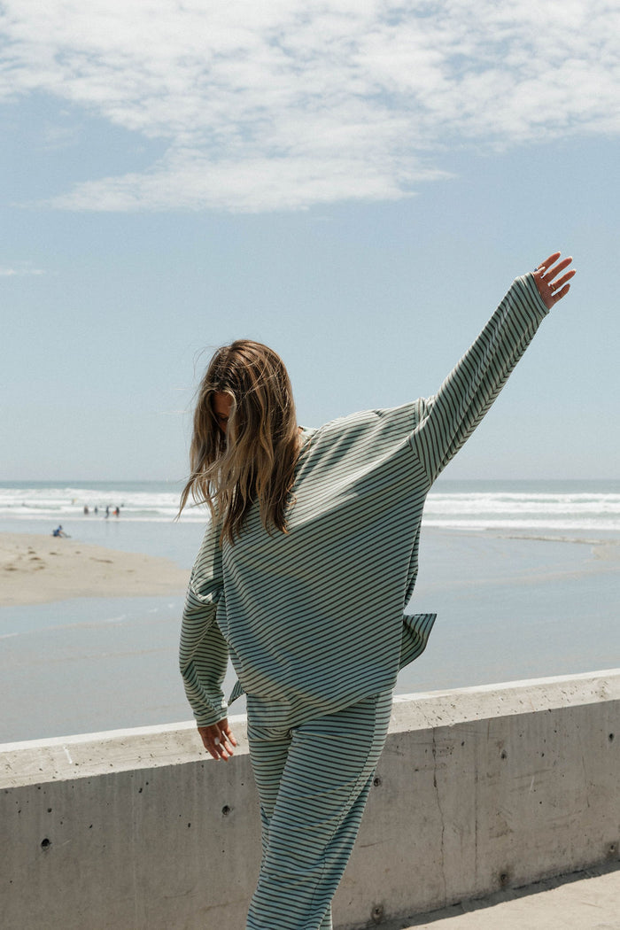 Naomi Striped Oversized Fleece Long Sleeve Top in Mint/Brown