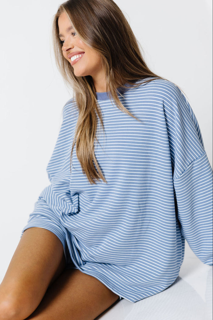 Naomi Striped Oversized Fleece Long Sleeve Top in Nantucket Blue