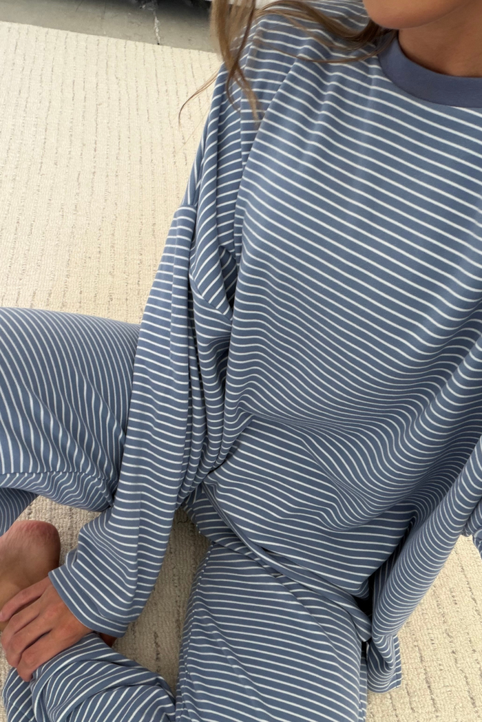 Naomi Striped Oversized Fleece Long Sleeve Top in Nantucket Blue
