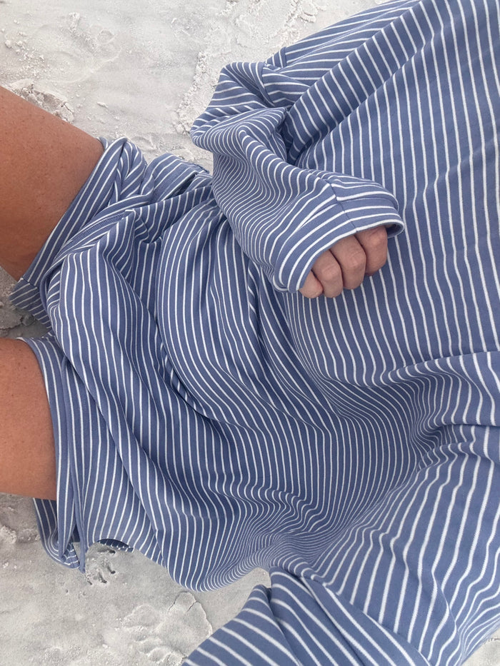 Naomi Striped Oversized Fleece Long Sleeve Top in Nantucket Blue