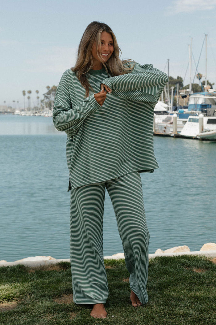 Naomi Striped Oversized Fleece Long Sleeve Top in Sage/Ivory