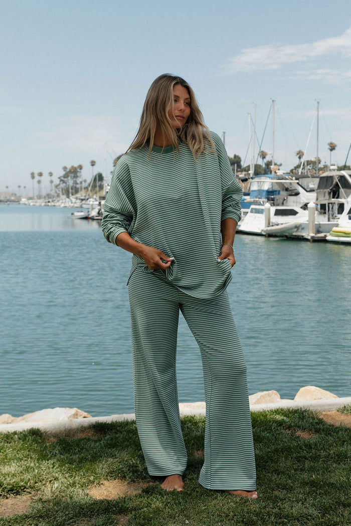 Naomi Striped Oversized Fleece Long Sleeve Top in Sage/Ivory
