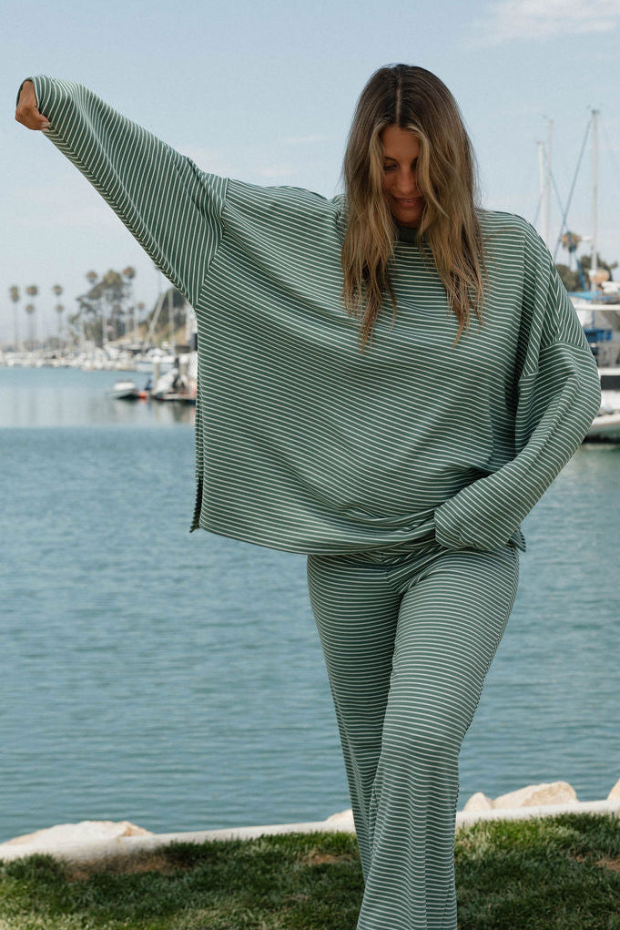 Naomi Striped Oversized Fleece Long Sleeve Top in Sage/Ivory