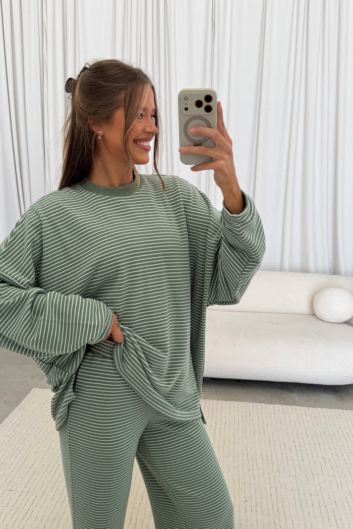 Naomi Striped Oversized Fleece Long Sleeve Top in Sage/Ivory