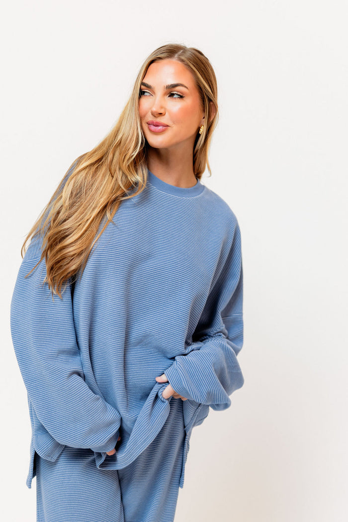 Naomi Striped Oversized Fleece Long Sleeve Top in Sky Blue - Bump Friendly
