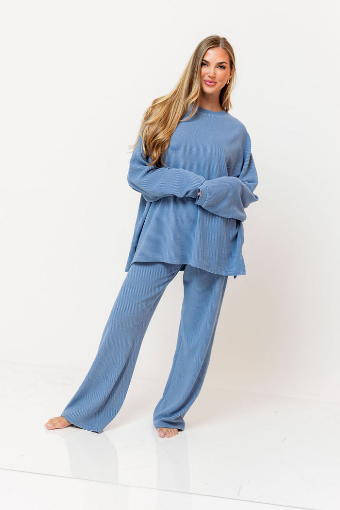Naomi Striped Oversized Fleece Long Sleeve Top in Sky Blue - Bump Friendly