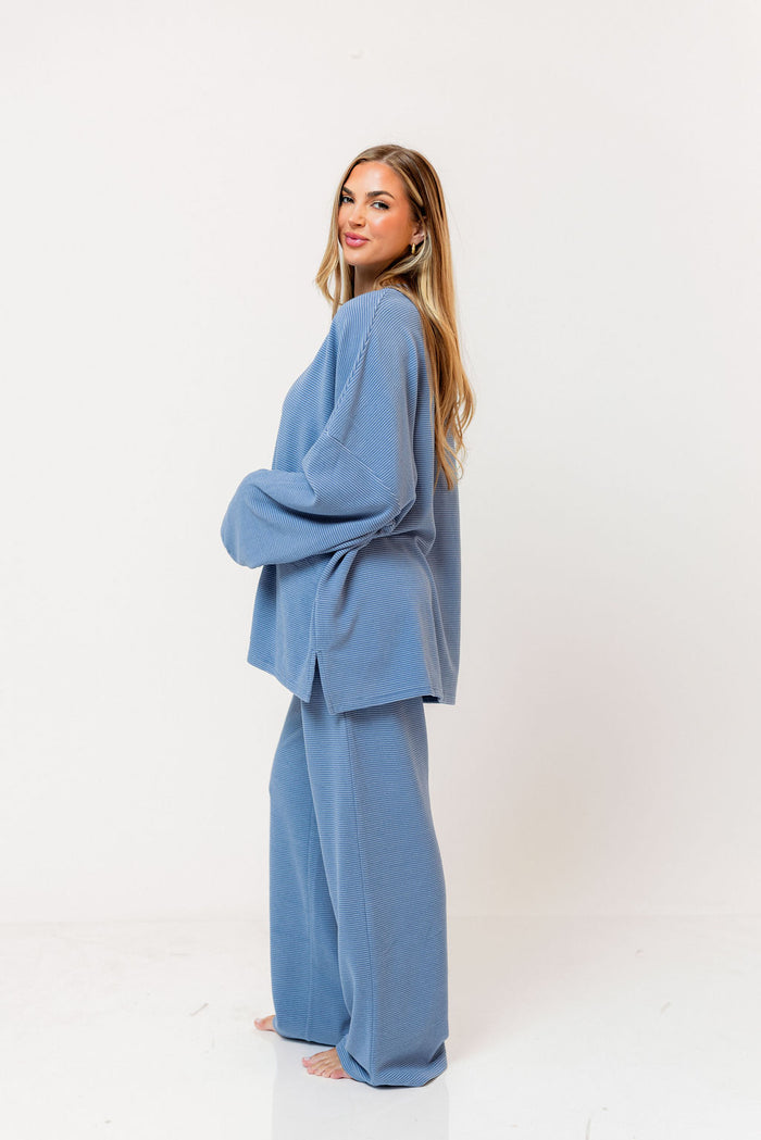 Naomi Striped Oversized Fleece Long Sleeve Top in Sky Blue - Bump Friendly