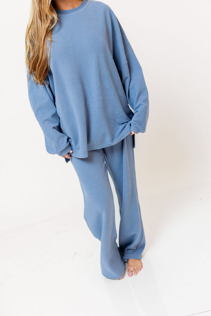 Naomi Striped Oversized Fleece Long Sleeve Top in Sky Blue - Bump Friendly