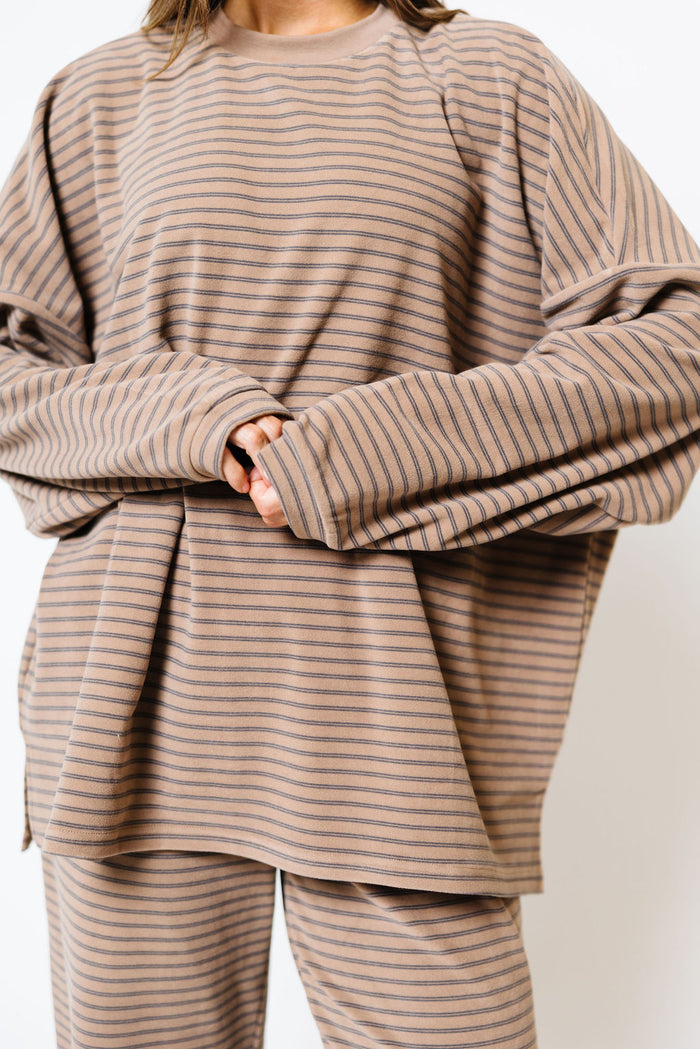 Naomi Striped Oversized Fleece Long Sleeve Top in Taupe/Grey