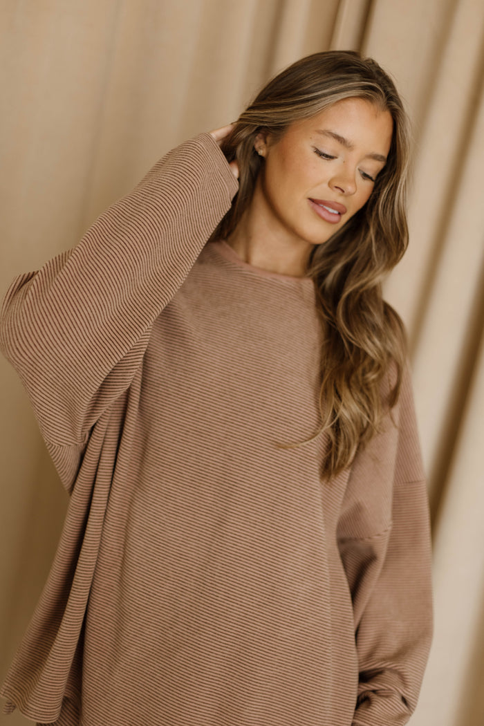 Naomi Thin Stripe Fleece Oversized Long Sleeve Top in Dusty Mauve Stripe - Bump Friendly