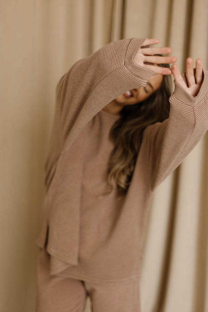 Naomi Thin Stripe Fleece Oversized Long Sleeve Top in Dusty Mauve Stripe - Bump Friendly