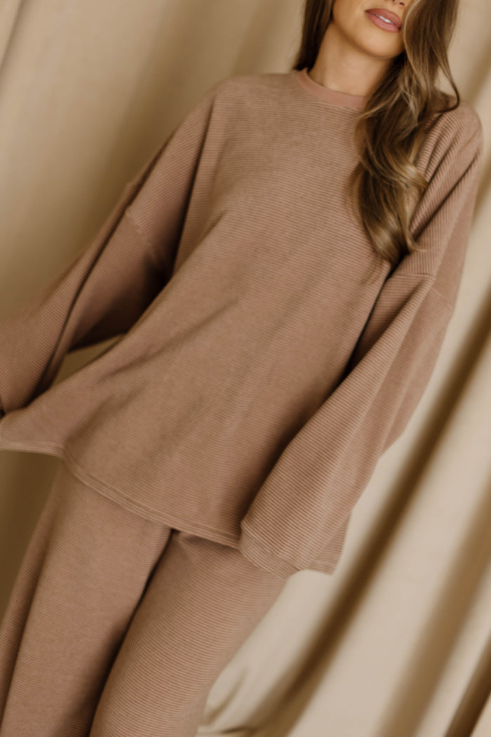 Naomi Thin Stripe Fleece Oversized Long Sleeve Top in Dusty Mauve Stripe - Bump Friendly