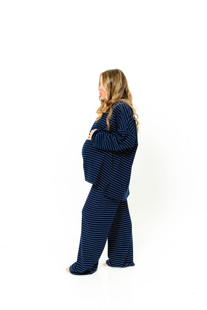 Naomi Thin Striped Fleece Oversized Long Sleeve Top in Navy - Bump Friendly