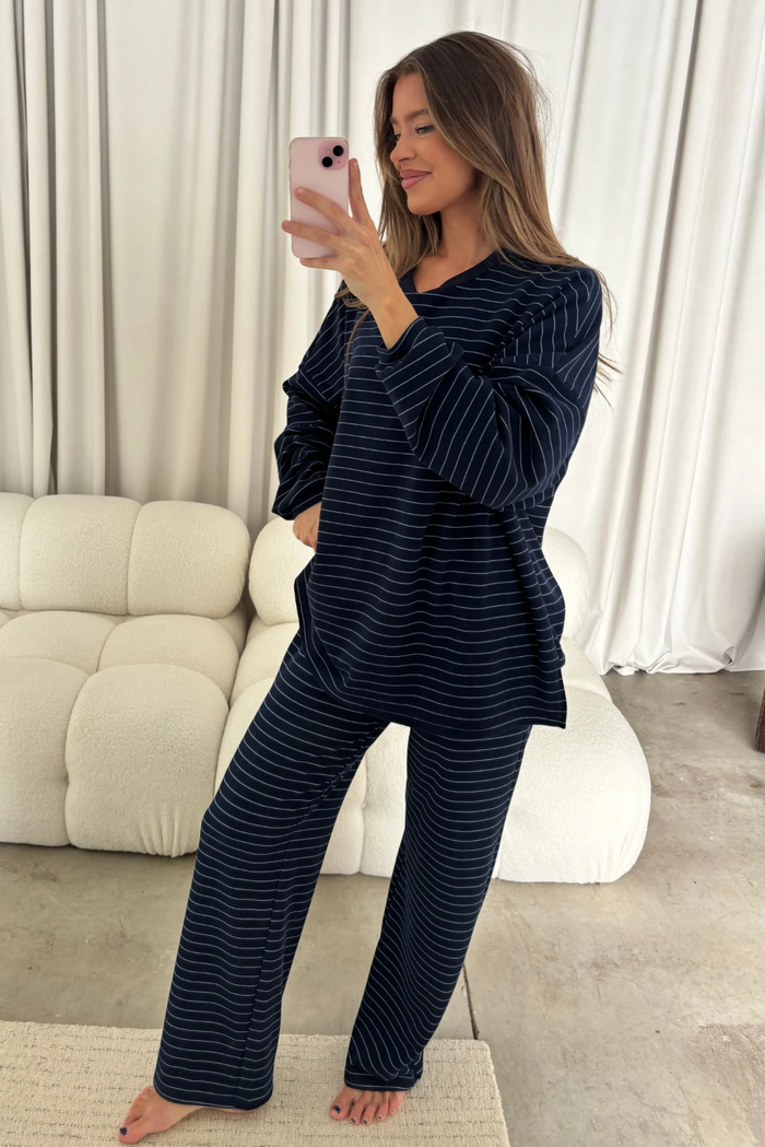 Naomi Thin Striped Fleece Oversized Long Sleeve Top in Navy - Bump Friendly