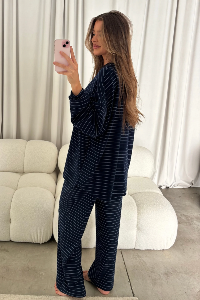 Naomi Thin Striped Fleece Oversized Long Sleeve Top in Navy - Bump Friendly